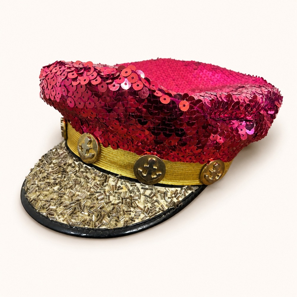 Vintage Hooray Henri Womens Captain Hat Pink Sequin Beaded Anchor Costume Dance‎